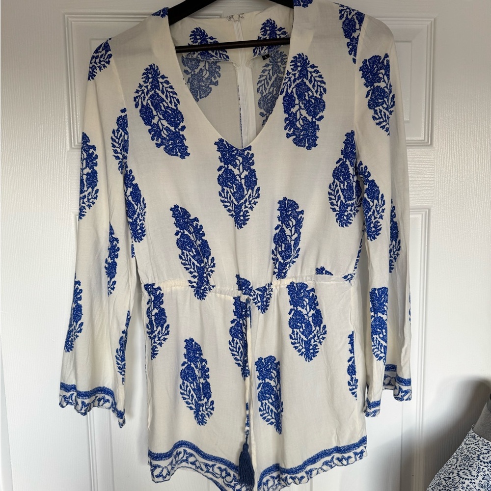 Boho White and Blue Leaf Print Romper